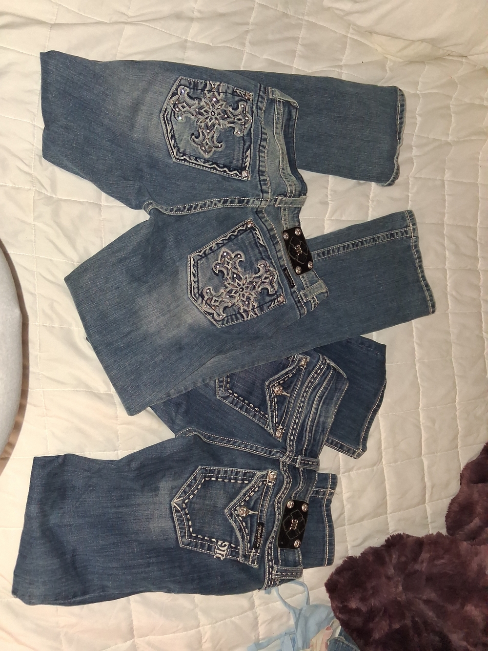 (2) pairs Miss Me Blue Embellished Boot Cut Jeans with Decorative Pockets